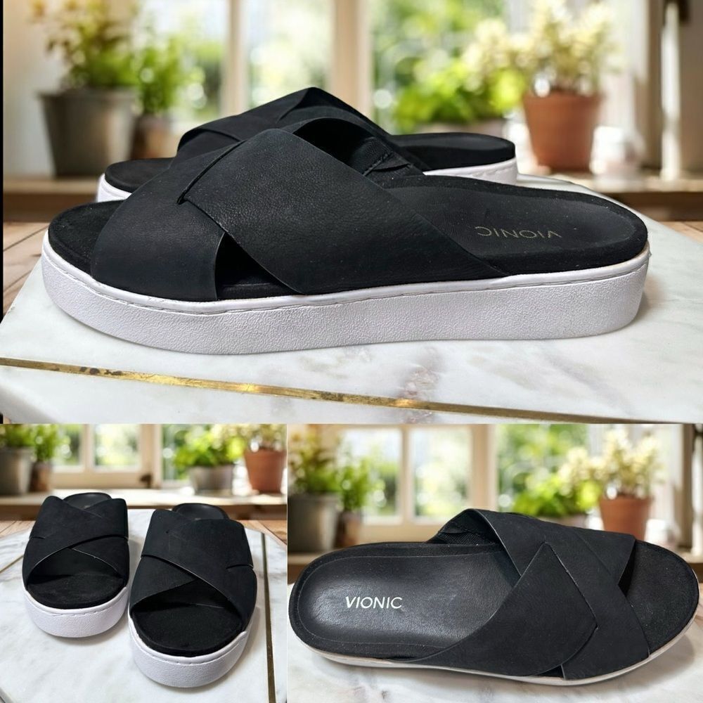 VIONIC Splendid Lou Black Leather Suede Slide Sandals Size 8 EU 39